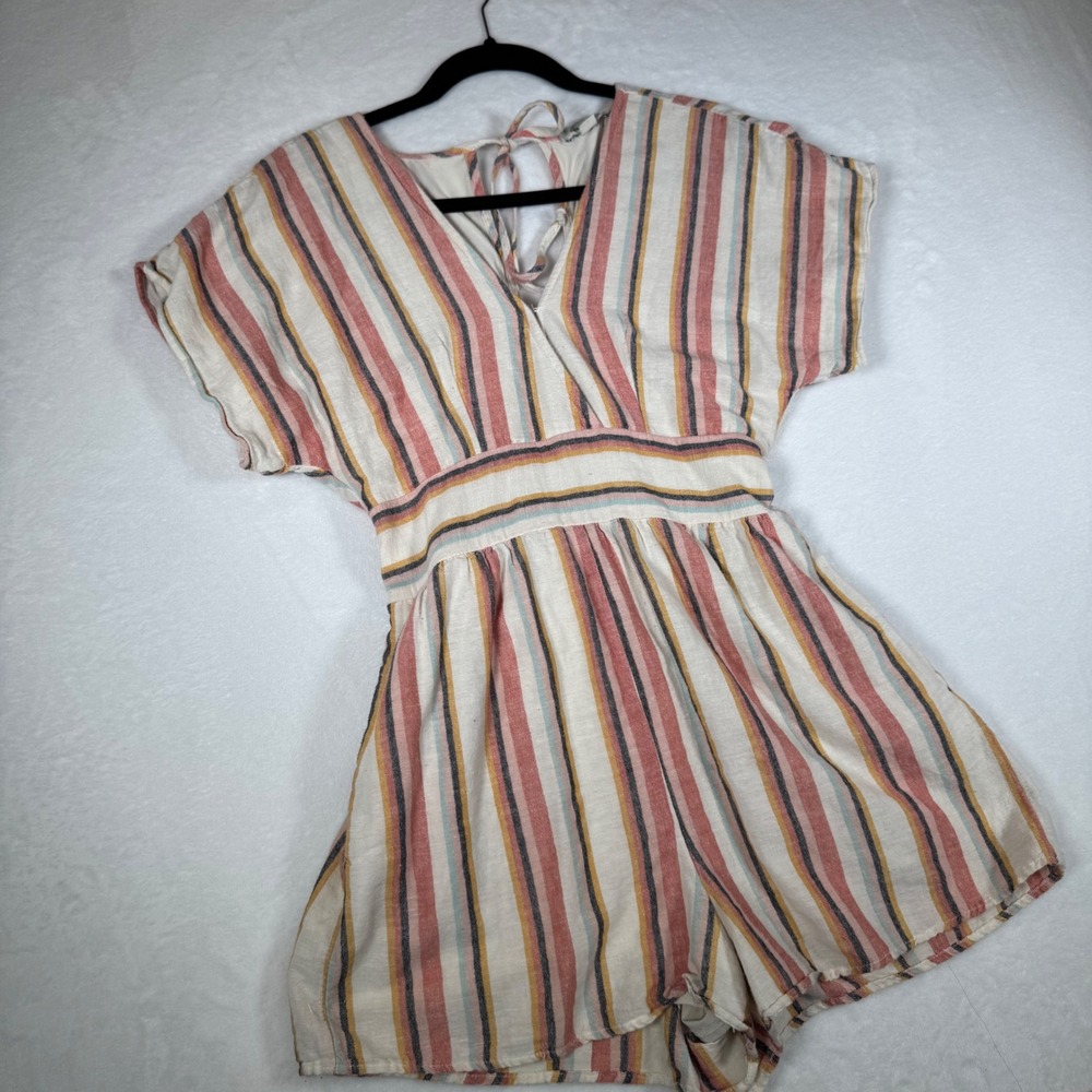 American Eagle Striped Cotton Linen Romper V-Neck Smocked Back Multi-Color Small
